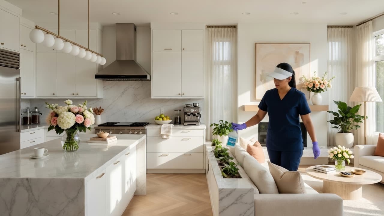 Pro City Maids cleaner wiping down a bright, open-concept kitchen and living area in a Halton Region home